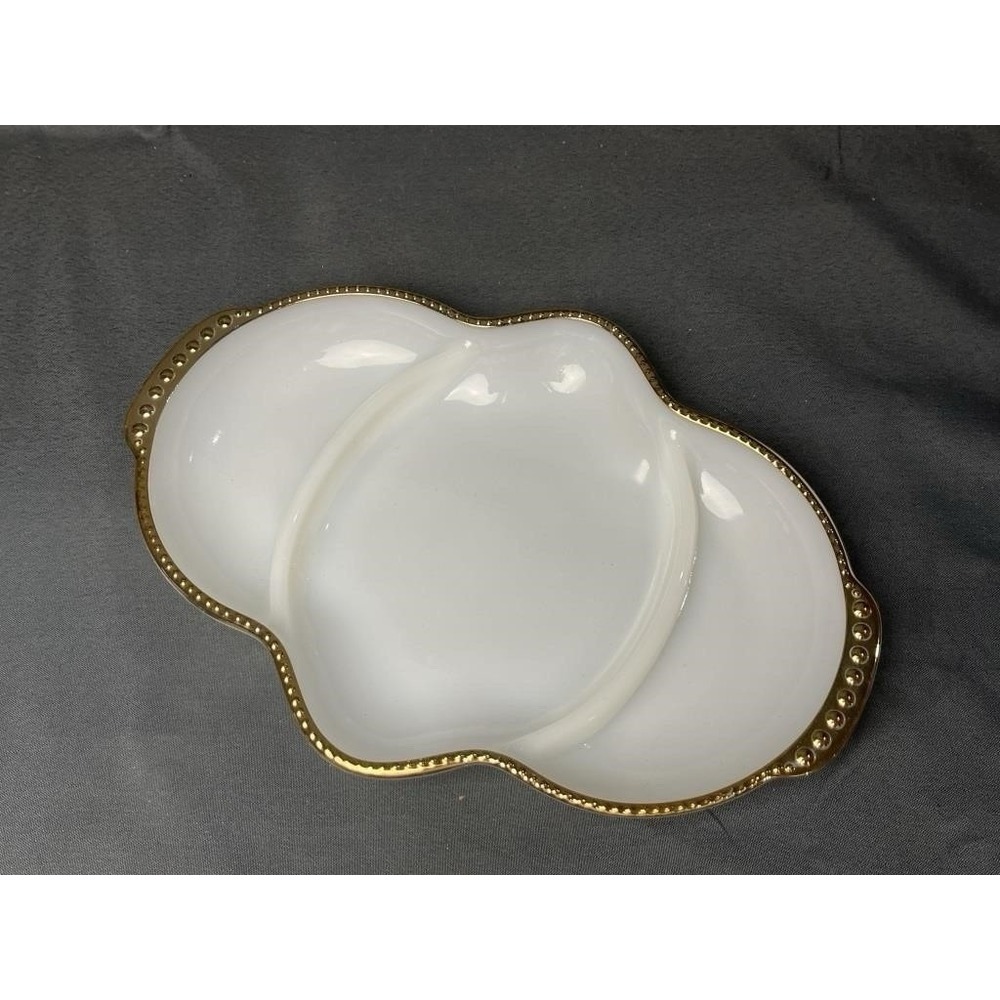 FIRE KING Vintage RELISH‎ Dish - Milk Glass GOLD Trim